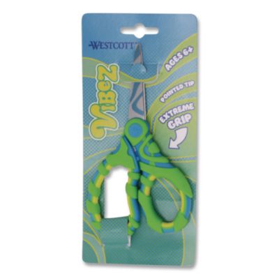 Westcott® Vibez Student Scissors, Pointed Tip, 5" Long, 2.25" Cut Length, Straight Green/Blue Handle