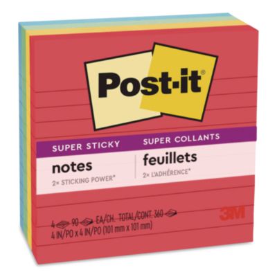 Post-it® Pads in Playful Primary Colors, Note Ruled, 4" x 4", 90 Sheets/Pad, 4 Pads/Pack