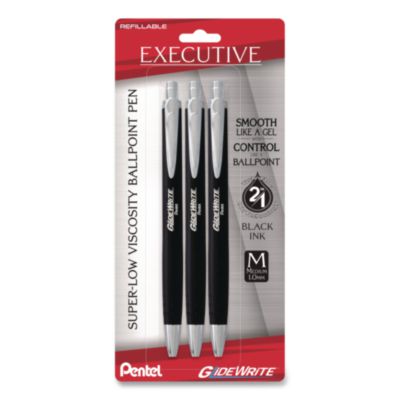 Pentel® GlideWrite Executive Hybrid Gel Pen, Retractable, Medium 1 mm, Black Ink, Black/Silver Barrel, 3/Pack