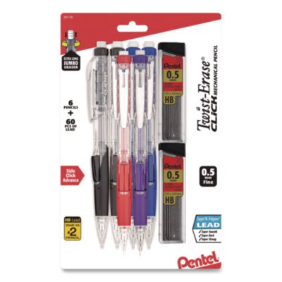 Pentel® Twist-Erase CLICK Mechanical Pencil, 0.5 mm, HB (#2), Assorted Barrel Colors, 6/Pack