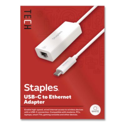 Staples TECH USB-C to Ethernet Adapter USB-C to Ethernet Adapter, 6", USB-C Female to Male, White
