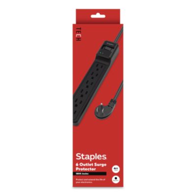 Staples TECH Six-Outlet Surge Protector Six-Outlet Surge Protector, 4 ft Cord, 1,800 J, Black