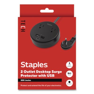 Staples TECH Two-Outlet Surge Protector Two-Outlet Surge Protector, 2 AC Outlets/3 USB Ports, 5 ft Cord, 500 J, Black