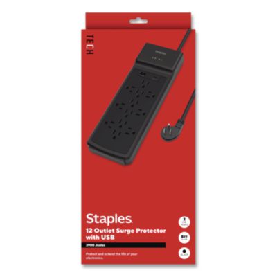 Staples TECH 12-Outlet Surge Protector 12-Outlet Surge Protector, 12 AC Outlets/2 USB Ports, 8 ft Cord, 3,900 J, Black