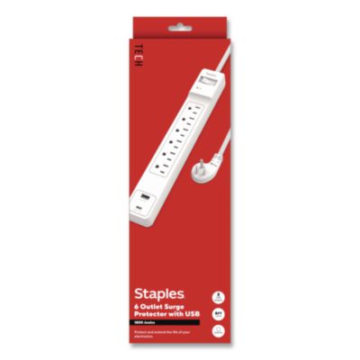 Staples TECH Six-Outlet Surge Protector Six-Outlet Surge Protector, 6 AC Outlets/2 USB Ports, 6 ft Cord, 1,800 J, White