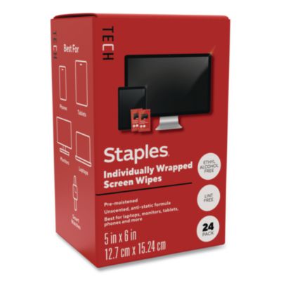 Staples TECH Individually Wrapped Screen Wipes Individually Wrapped Screen Wipes, 5 x 6, White, 24/Box