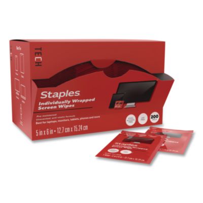 Staples TECH Individually Wrapped Screen Wipes Individually Wrapped Screen Wipes, 5 x 6, White, 200/Box