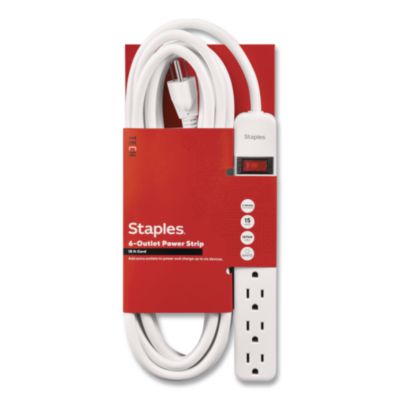 Staples TECH Six-Outlet Power Strip Six-Outlet Power Strip, 15 ft Cord, White