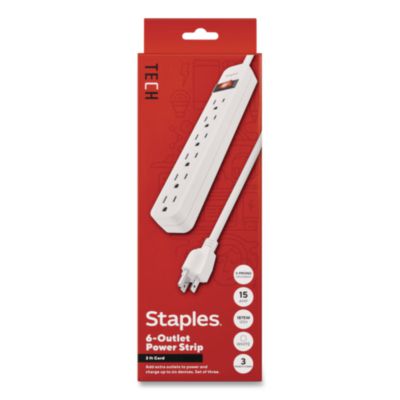 Staples TECH Six-Outlet Power Strip Six-Outlet Power Strip, 3 ft Cord, White, 3/Pack