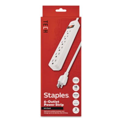 Staples TECH Six-Outlet Power Strip Six-Outlet Power Strip, 6 ft Cord, White, 3/Pack