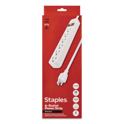 Staples TECH Six-Outlet Power Strip Six-Outlet Power Strip, 15 ft Cord, White, 2/Pack