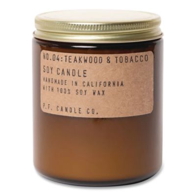 P.F. Candle Co. Soy Jar Candle Soy Jar Candle, Teakwood and Tobacco, 50 Hour Burn Time, 7.2 oz, Amber