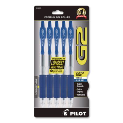 Pilot® G2 Edge Premium Gel Pen, Retractable, Ultra Fine 0.38 mm, Blue Ink, Clear/Blue Barrel, 5/Pack