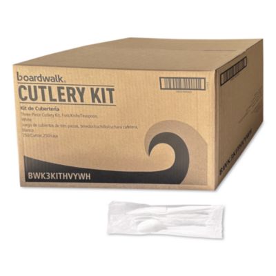 Three-Piece Polystyrene Cutlery Kit Heavyweight Fork/Knife/Spoon Plastic White 250/Carton BWK3KITHVYWH