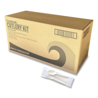 Three-Piece Cutlery Kit Mediumweight Fork/Knife/Spoon 6.97" Plastic White 250/Carton BWK3COMBOKITPP