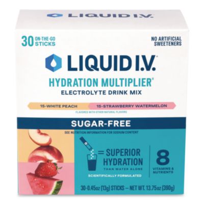 LIQUID I.V.® Sugar-Free Hydration Multiplier, White Peach/Strawberry Watermelon, 0.45 oz Packets, 30/Box