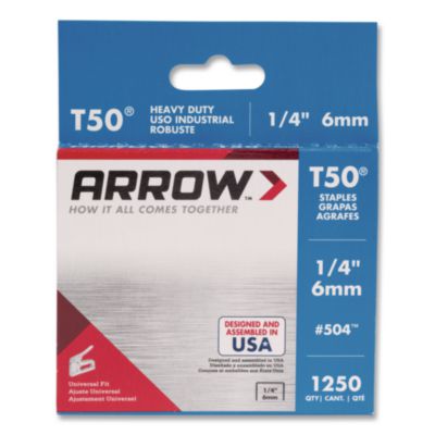 Arrow T50® T50 Heavy Duty Staples, 0.25" Leg, 0.38" Crown, Silver, 1,250/Box