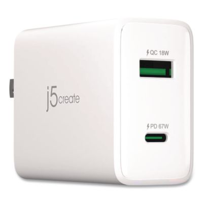 j5create® 67 W GaN USB-C/USB-A Two-Port Charger, White