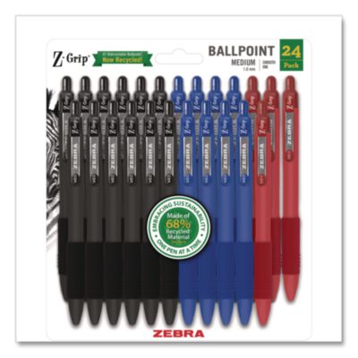 Zebra® Z-Grip Ballpoint Pen with Recycled Material, Retractable, Medium 1 mm, Assorted Ink and Barrel Colors, 24/Pack