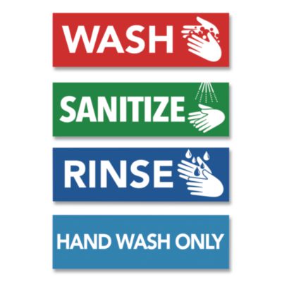 COSCO Wash, Rinse, Sanitize, Hand Wash Only Decals Wash, Rinse, Sanitize, Hand Wash Only Decals, 2.75 x 9", Assorted Colors, 4/Pack