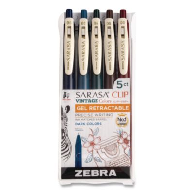 Zebra® Sarasa Clip Gel Pen, Retractable, Fine 0.5 mm, Assorted Vintage Dark Ink and Barrel Colors, 5/Pack
