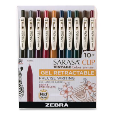 Zebra® Sarasa Clip Gel Pen, Retractable, Fine 0.5 mm, Assorted Vintage Light and Dark Ink and Barrel Colors, 10/Pack