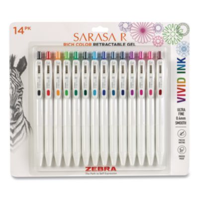Zebra® Sarasa R Gel Pen, Retractable, Extra Fine 0.4 mm, Assorted Ink Colors, White Barrels, 14/Pack