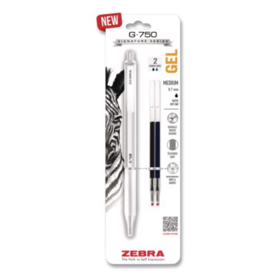 Zebra® G-750 Gel Pen with Black and Blue Ink Refills, Retractable, Medium 0.7 mm, Black Ink, White Barrel