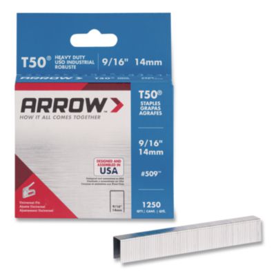 Arrow T50® T50 Heavy Duty Staples, 0.56" Leg, 0.38" Crown, Silver, 1,250/Box