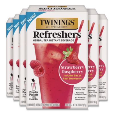 TWININGS® Refreshers Herbal Tea Instant Beverage, Strawberry Raspberry, 5 Packets/Box, 6 Boxes/Carton