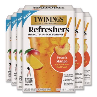 TWININGS® Refreshers Herbal Tea Instant Beverage, Peach Mango, 5 Packets/Box, 6 Boxes/Carton