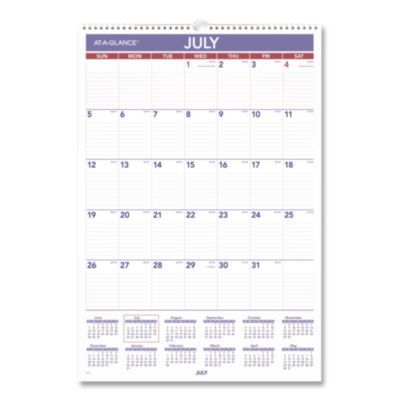 AT-A-GLANCE® Academic Monthly Wall Calendar with Ruled Blocks, 15 x 22, White/Purple/Red Sheets, 12-Month (July to June): 2026 to 2027