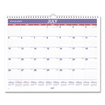 AT-A-GLANCE® Academic Monthly Wall Calendar, 15 x 12, White/Purple/Red Sheets, 12-Month (July to June): 2026 to 2027