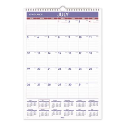 AT-A-GLANCE® Academic Monthly Wall Calendar, 12 x 17, White/Purple/Red Sheets, 12-Month (July to June): 2026 to 2027