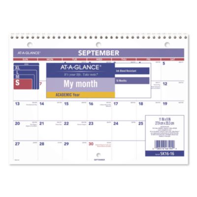 AT-A-GLANCE® Academic Monthly Desk/Wall Calendar, 11 x 8, White/Purple/Red Sheets, 12-Month (July to June): 2026 to 2027