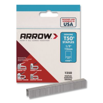 Arrow T50® T50 Heavy Duty Staples, 0.5" Leg, 0.38" Crown, Silver, 1,250/Box