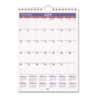 AT-A-GLANCE® Academic Monthly Wall Calendar with Ruled Daily Blocks, 8 x 11, White/Purple/Red Sheets, 12-Month (July-June): 2026 to 2027