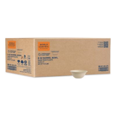 World Centric® Fiber Barrel Bowls, 8 oz, 4.5" diameter x 1.8" h, Natural, Paper, 500/Carton