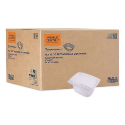 World Centric® PLA Rectangular Deli Containers, 16 oz, 4.8 x 5.9 x 2.8, Clear, Plastic, 900/Carton