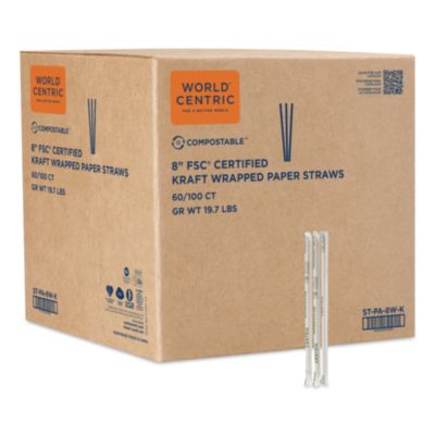 World Centric® Sustainable Kraft Paper Straws, Wrapped, 8", Natural, 6,000/Carton