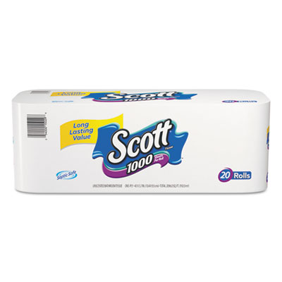 SCOTT 1000 Bathroom Tissue, 1-Ply, White, 1000 Sheet/Roll, 20/Pa