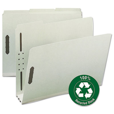 Recycled Pressboard Fastener Folders, Letter, 3" Exp., Gray/Green, 25/Box<br />91-SMD-15005