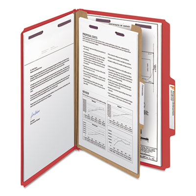 Pressboard Classification Folders, Legal, Four-Section, Bright Red, 10/Box