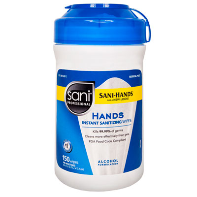 Sani Professional NIC P43572 Hands Instant Sanitizing Wipes, 6 x 5, White, 150/Canister, 12/CT (NICP43572CT)