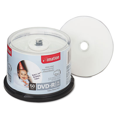 Inkjet Printable DVD-R Discs, 4.7GB, 16x, Spindle, White, 50/Pac