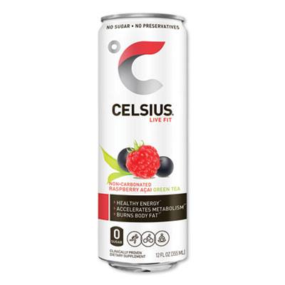 Celsius CLL01056 Live Fit Fitness Drink, Raspberry Acai Green Tea, 12 oz Can, 12/Carton (CSU24383476)