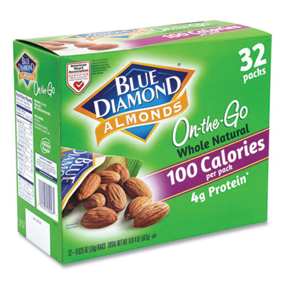 Blue Diamond 22073 Whole Natural Almonds On-the-Go, 0.63 oz Pouch, 32 Pouches/Carton, Free Delivery in 1-4 Business Days (GRR22000512)