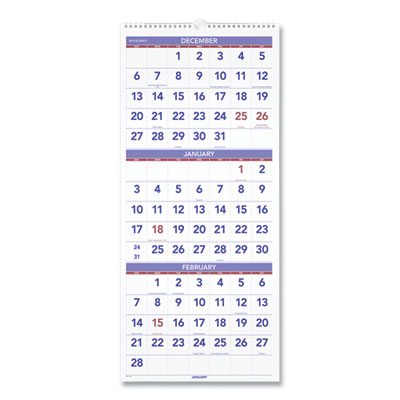 Deluxe Three-Month Reference Wall Calendar, Vertical Orientation, 12 x 27, White Sheets, 14-Month (Dec to Jan): 2022 to 2024