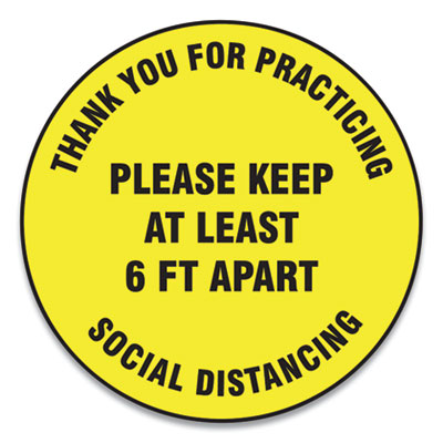 Accuform MFS427ESP Slip-Gard Floor Signs, 17" Circle,"Thank You For Practicing Social Distancing Please Keep At Least 6 ft Apart", Yellow, 25/PK (GN1MFS427ESP)