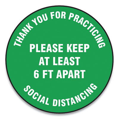 Accuform MFS424ESP Slip-Gard Floor Signs, 12" Circle, "Thank You For Practicing Social Distancing Please Keep At Least 6 ft Apart", Green, 25/PK (GN1MFS424ESP)